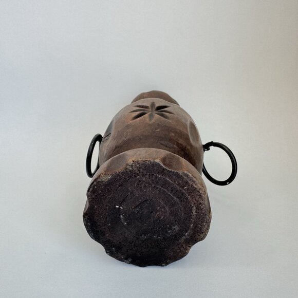 Vintage Carved Wood Vase Hand Turned Metal O Ring Handles Polynesian Tiki Style - Picture 8 of 9